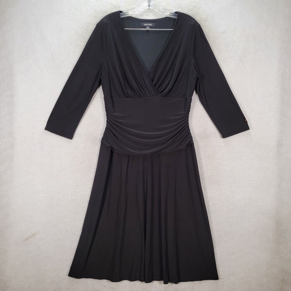 Nine West Black V Neck Ruched Evening Dress